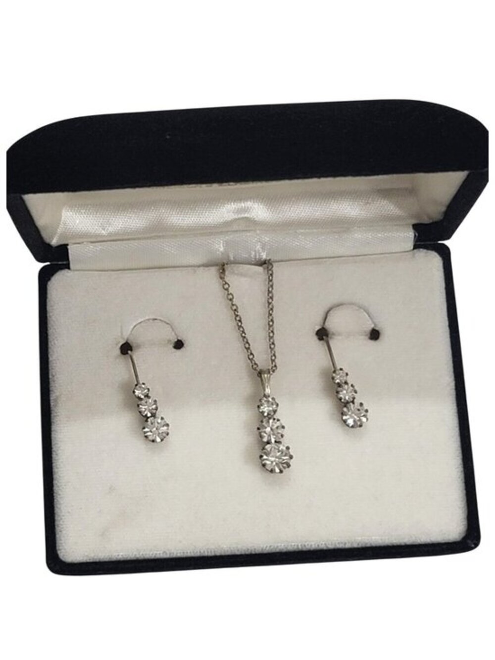 Necklace Earrings Set With Dangle Pendant & Round Crystals Silver Tone Jewelry I